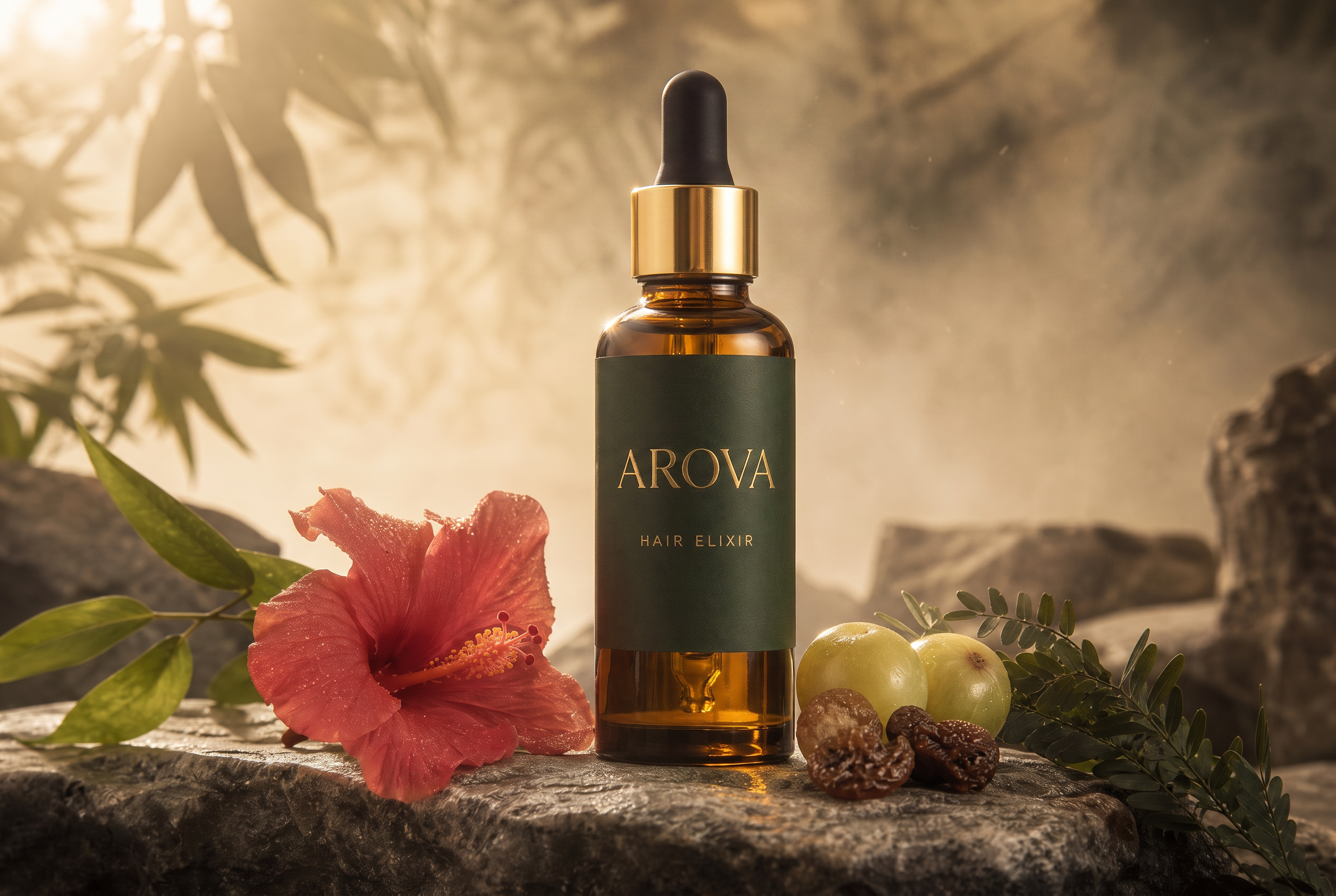 Arova hair elixir bottle on natural stone with hibiscus, amla and botanicals in soft morning light