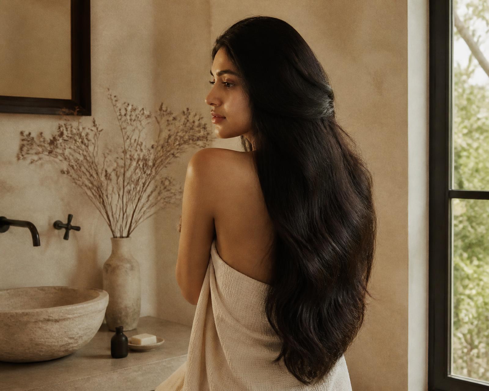 Customer with long healthy hair in a serene stone bathroom